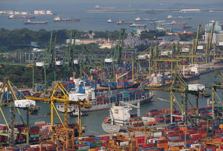 FILE PHOTO: A container ship arrives in a port in Singapore