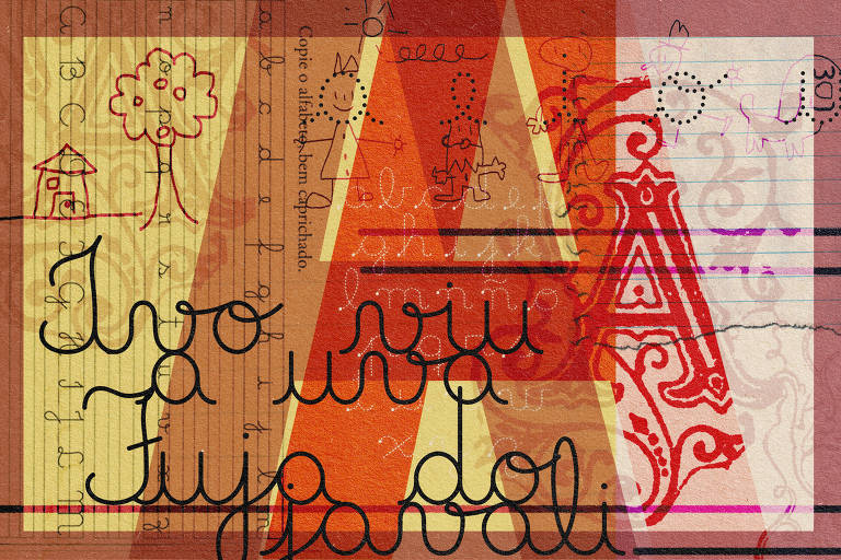Na colagem digital de Marcelo Martinez: caracteres ornamentais e letras cursivas de cartilha de alfabetização se misturam
