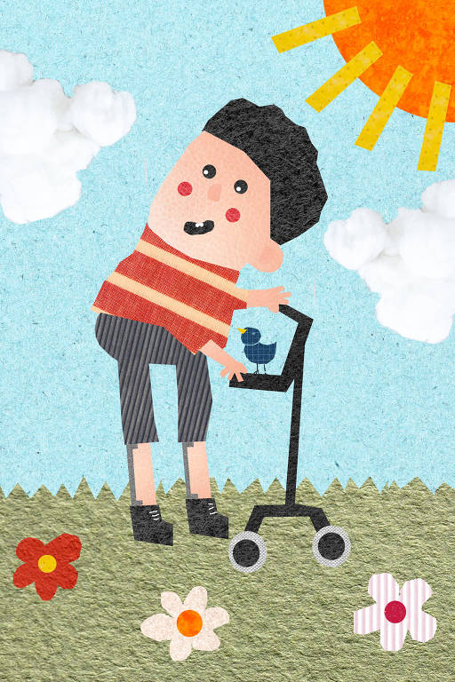 ilustração de uma criança com paralisia cerebral usando andador. a criança esta num jardim, as nuvens sao de algodao. flores com recortes de tecido e diferentes texturas