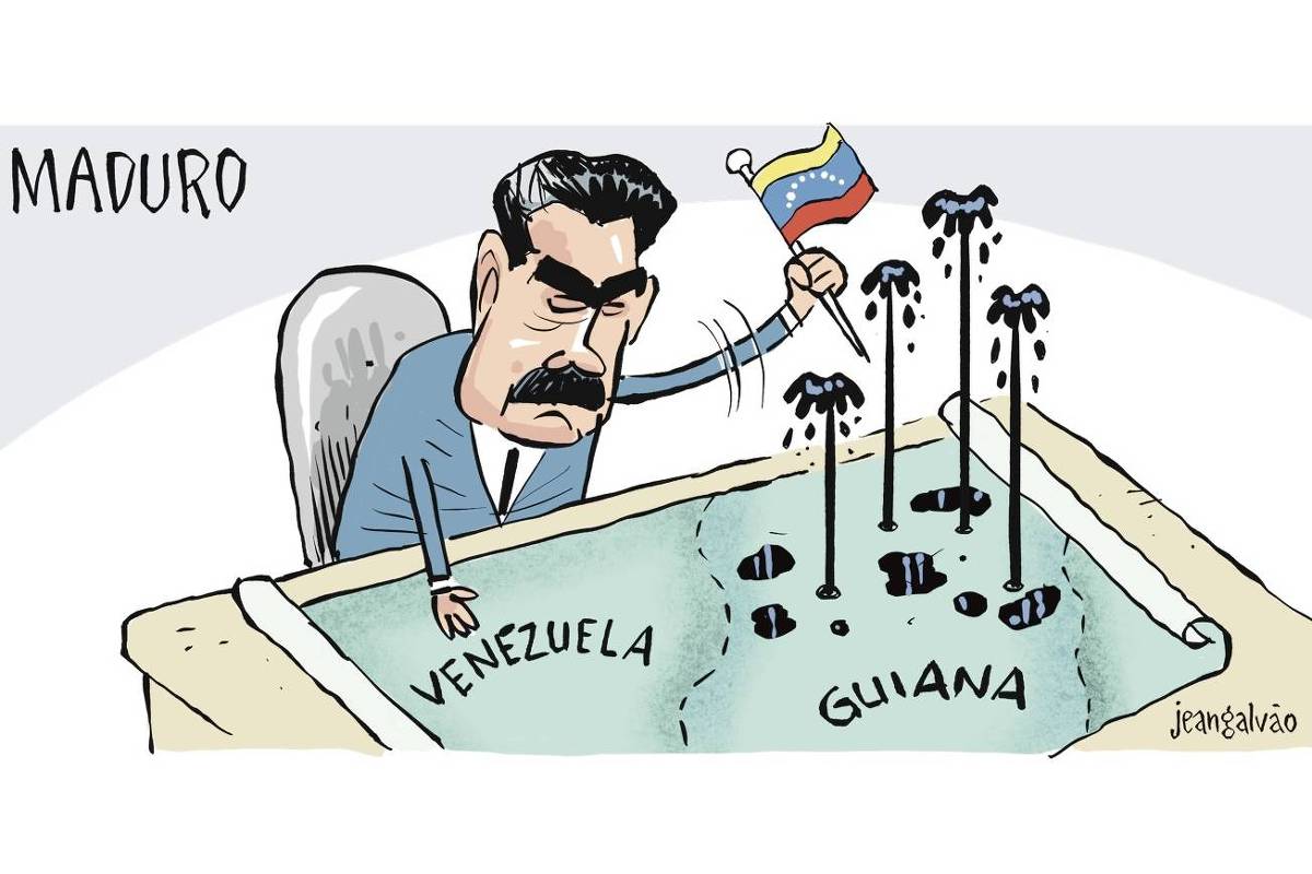 A charge de Jean Galvão publicada na Folha tem o título ‘Maduro’. A cena mostra o ditador venezuelano com um mapa aberto em sua mesa. Com uma pequena bandeira da Venezuela, ele espeta várias vezes o mapa da Guiana, fazendo pequenos buracos de onde jorra petróleo.