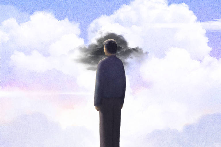 Ilustração mostra um homem de costas e um céu cheio de nuvens brancas, mas há uma pequena nuvem cinza em cima dele