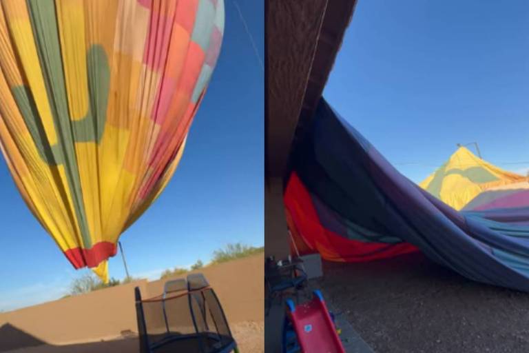 Duas imagens mostram sequência de um balão caindo sobre quintal e teto de uma casa. Céu azul ao fundo.