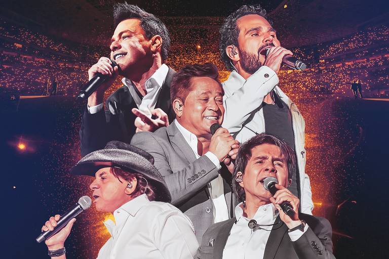 A dupla Zezé Di Camargo & Luciano, no alto, Leonardo, ao centro, e a dupla Chitãozinho & Xororó, abaixo, em cartaz da turnê do grupo Amigos