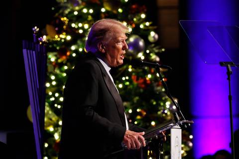 NEW YORK, NEW YORK - DECEMBER 09: Former President Donald Trump speaks at the New York Young Republican Club Gala at Cipriani Wall Street on December 09, 2023 in New York City. The New York Young Republican Club held its 111th annual gala with guest speakers that include Sen. Roger Marshall (R-Kan), Rep. Matt Gaetz (R-FL) and former President Trump days before he is scheduled to testify as the last witness in his civil fraud trial.   Michael M. Santiago/Getty Images/AFP (Photo by Michael M. Santiago / GETTY IMAGES NORTH AMERICA / Getty Images via AFP)