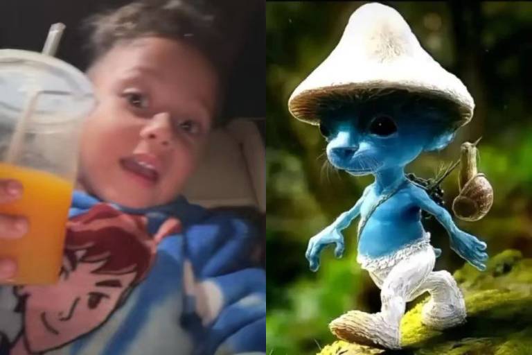 a montagem reúne dois memes: a de um garoto tomando um suco de maracujá e a de um gato azul em formato de smurf, com chapéu de cogumelo e carregando uma sacolinha