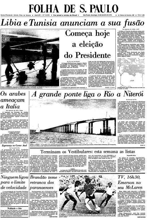 Primeira Página da Folha de 13 de janeiro de 1974