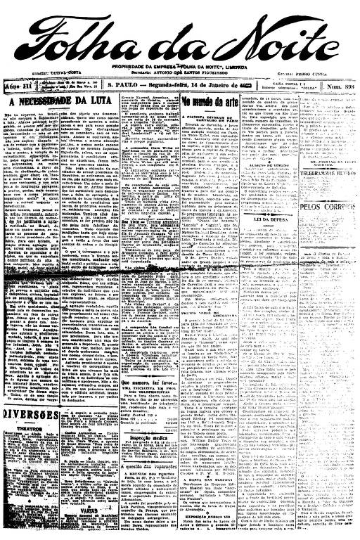 Primeira Página da Folha da Noite de 14 de janeiro de 1924
