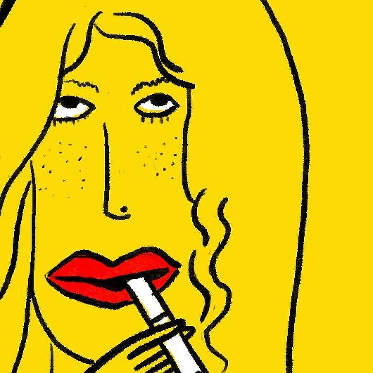 Desenho de uma mulher fumando em frente a uma placa de proibido fumar