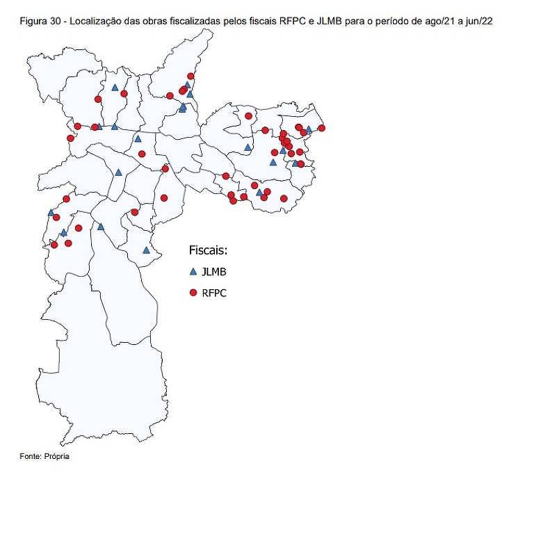 Mapa com a localização das obras acompanhadas pelos fiscais RFPC (40 obras) e JLMB (20 obras)
