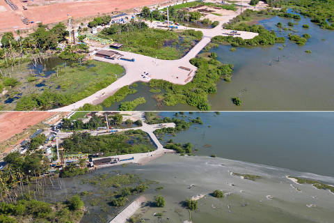 MONTAGEM - Foto superior: EDITORS NOTE: Graphic content / Aerial view of the sunken ground in a plot of land at the Mutange neighbourhood in Maceio, Alagoas state, Brazil on December 1, 2023. The affected area is close to a rock salt mine and has already sunk about two meters, forcing 55,000 residents and a hospital to evacuate. (Photo by Robson Barbosa / AFP) -- Foto inferior: A view of the sunken ground after the collapse of the Braskem salt mine at the Mutange neighborhood in Maceio, Alagoas state, Brazil December 10, 2023. REUTERS/Jonathan Lins ORG XMIT: GGGAHM004