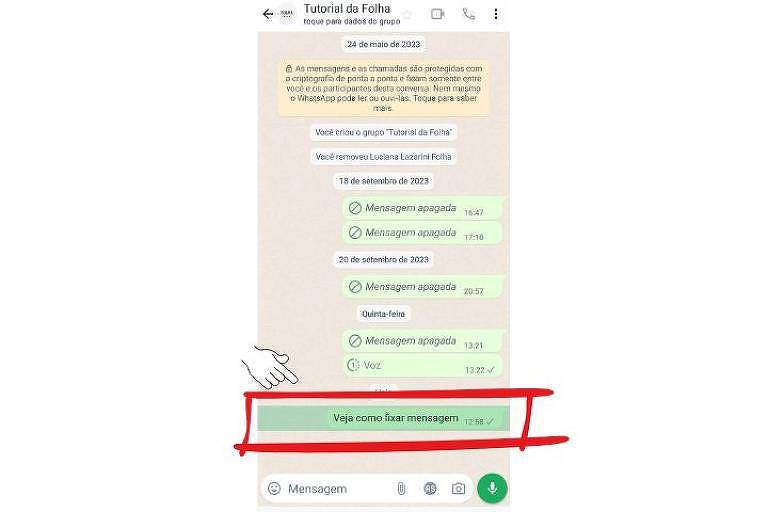 Tela mostra chat privado no WhatsApp. Tutorial indica com traços vermelhos e um ícone de mão como pressionar o balão a ser fixado.