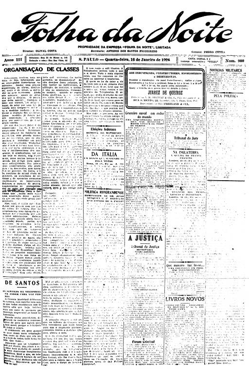 Primeira Página da Folha da Noite de 16 de janeiro de 1924