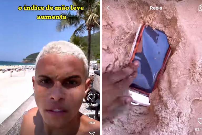 Montagem do influencer Thiafo Break e de um celular sendo enterrado na areaia da praia 