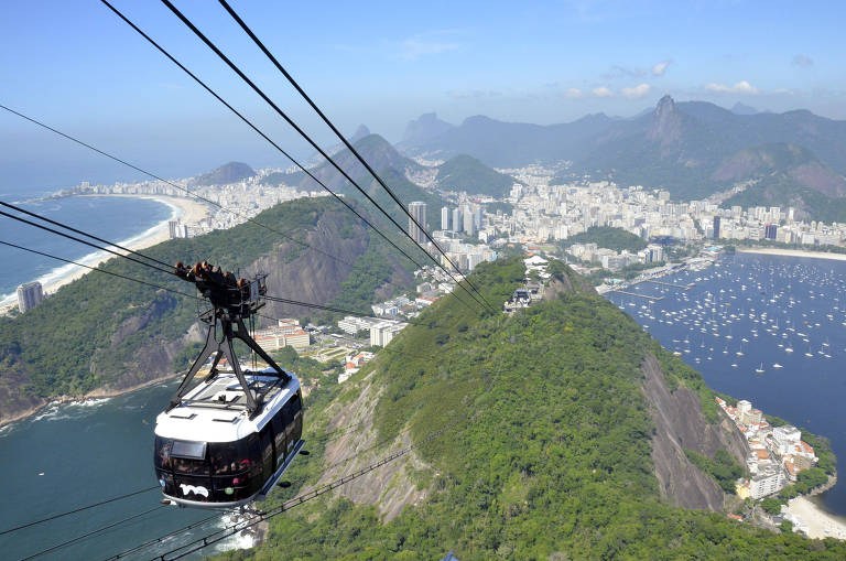 Imagem mostra bondinho no Pão de Açúcar, com a cidade do Rio de Janeiro como fundo.