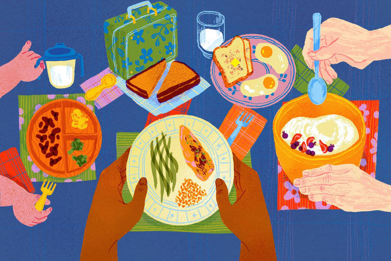 Ilustração colorida de pessoas segurando diferentes pratos de comida e sanduíches