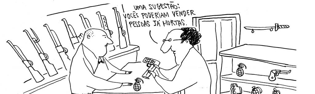 A tira de André Dahmer, publicada em 14.12.2023, tem apenas um quadro. Nele, um homem está em uma loja de armas. Ele fala ao vendedor: "Uma sugestão: Vocês poderiam vender pessoas já mortas".