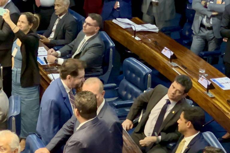 Vídeo mostra reação de Moro e Flávio Bolsonaro à aprovação de Dino ao STF