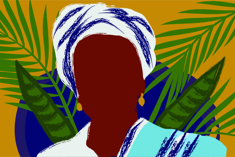 Ao centro da ilustração está a figura de Mãe Ana de Ogum, ela usa uma indumentária própria de candomblé e ao seu redor estão as plantas: espadas de São Jorge e mariwô (a folha do dendezeiro, consagrada ao orixá Ogum) 