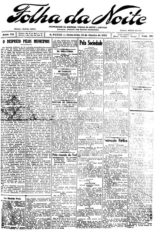 Primeira Página da Folha da Noite de 18 de janeiro de 1924