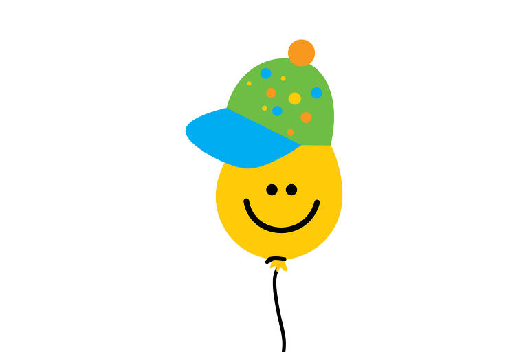 Uma ilustração colorida de um balão amarelo com um sorisso desenhado e um boné de bolinhas.