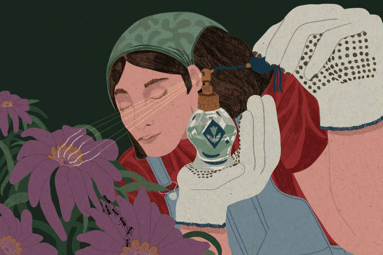 Arte ilustra uma mulher com um pano na cabeça e luva, que remete a uma camponesa, de olhos fechados cheirando uma flor lilás e segurando um frasco de perfume