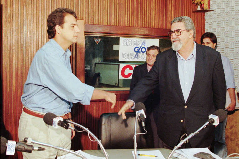 Sérgio Cabral tentou ser prefeito uma segunda vez, em 1996, mas teve nova derrota, desta ver para Luiz Paulo Conde; na foto, participa de um debate com o adversário do segundo turno