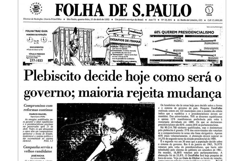 Reprodução de capa de jornal dizendo: "Plebiscito decide hoje como será o governo"