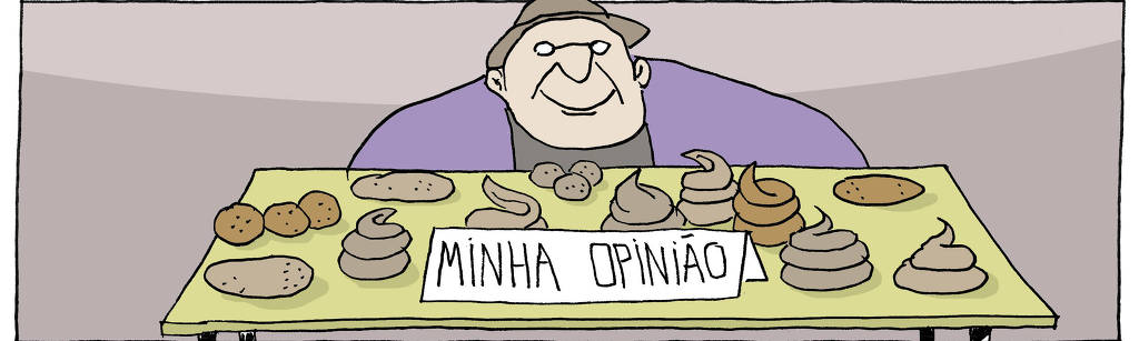 A tira de André Dahmer, publicada em 15.12.2023, tem apenas um quadro. Nele um homem está à frente de uma bancada com várias fezes sobre a mesma. Ele sorri. No centro da bancada, há uma placa onde se lê: "Minha opinião"
