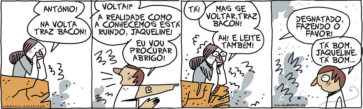 A tira de Galvão Bertazzi se chama Vida Besta e está dividida em quatro quadros. No primeiro quadro uma mulher grita de uma sacada. Ela diz: Antônio! Na volta tráz bacon! Tudo parece estar desabando . No segundo quadro o homem lá embaixo responde: Volta?! A realidade como a conhecemos está ruindo, Jaqueline! Eu vou procurar abrigo! No terceiro quadro a mulher da sacada grita: TÁ! Mas se voltar, tráz bacon! Ah! E leite também! Tudo parece estar desabando No quarto quadro o homem lá embaixo observar atônito e a mulher continua: Desnatado, fazendo o favor. O homem responde: Tá bom, Jaqueline. Tá bom. Tudo parece ter desabado