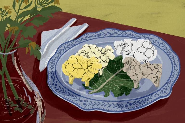 arte ilustr um prato azul com alguns alimentos naturais, como couve e couve-flor de várias cores