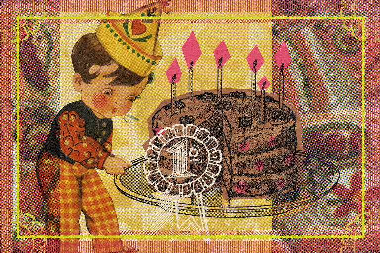Na colagem digital de Marcelo Martinez: um menino segura um grande bolo de chocolate que recebeu uma fita de "1º lugar". 