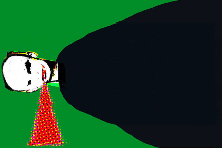 Ilustração de Fê, publicada na Folha de S.Paulo em 16 de dezembro de 2023 mostra um homem branco, careca e com os lábios vermelhos. Ele aparece deitado na cena, com a cabeça para a esquerda e o corpo para a direita. Usa um manto preto como roupa. Da boca, sai um triângulo vermelho. O fundo é verde