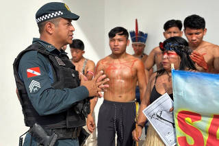 Indigenous people demonstrate against the construction of a grain railway in the Amazon, in Novo Progresso