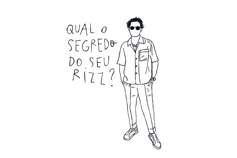 No desenho de Luiza Pannunzio um homem branco, cabelos volumosos, muito estiloso está em pé com as pernas afastadas e a esquerda um pouco à frente da direita. Ele usa calça, camisa de manga curta, aparentemente uma regata por baixo e um cordão no pescoço. As mãos estão nos bolsos. Ele está de tênis e óculos escuros. Ao lado direito da imagem dele há uma pergunta: Qual o segredo do seu rizz? Este homem - seria o ator - Tom Holland?