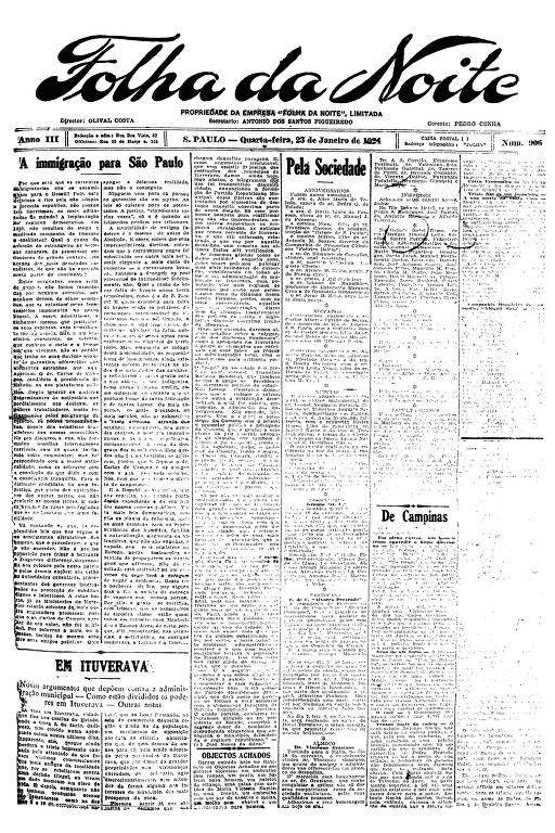 Primeira Página da Folha da Noite de 23 de janeiro de 1924