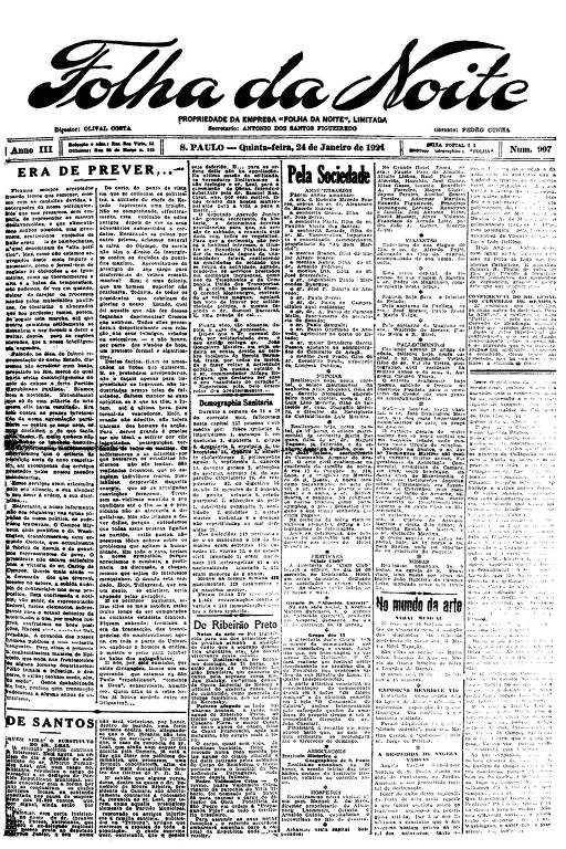 Primeira Página da Folha da Noite de 24 de janeiro de 1924