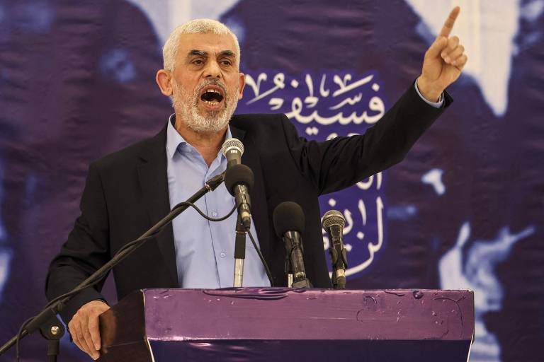 Yahya Sinwar, líder do Hamas, discursa na Cidade de Gaza, a capital da faixa homônima