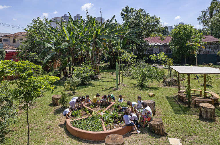 Alunos cuidam da horta montada no meio da agrofloresta da emei Borba Gato, em Santo Amaro, na zona sul de São Paulo
