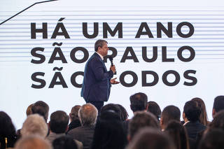 Governador de Sao Paulo,Tarcisio de Freitas, durante sua apresentacao (em salao no Palacio dos Bandeirantes)  de resultados de 1 ano de sua gestao