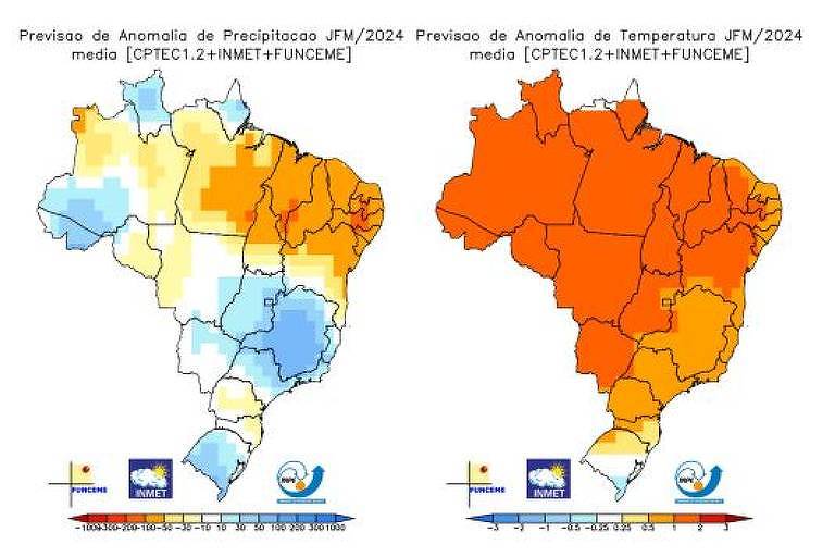 Imagens de dois mapas do Brasil, o da direita em laranja indicando calor; o da esquerda, com azul no sudeste apontando chuva