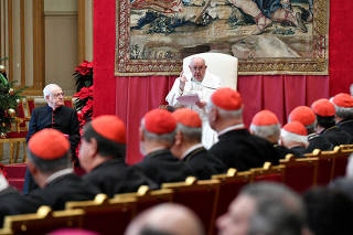 Pope Francis delivers the traditional greetings to the Roman Curia at the Vatican