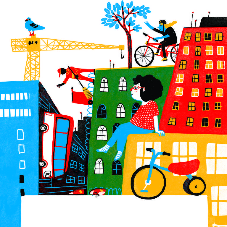 Ilustração de Veridiana Scarpelli, para "Daqui Eu Vejo: Pedalando na Cidade"