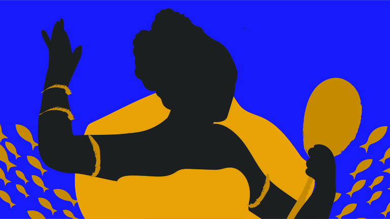 A ilustração traz a figura da orixá Oxum (divindade afro religiosa, ligada às águas, cultuada também no Brasil) ela é negra, usa uma roupa amarela e segura em sua mão esquerda um abebé (objeto ritualístico que contém um espelho) também amarelo e ao seu redor peixes pequenos a cercam.