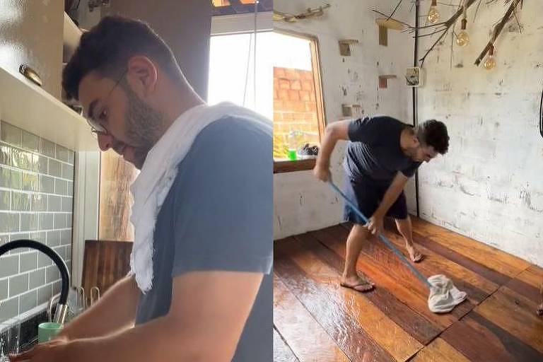 Ramon lavando louça e limpando o chão de casa em trechos de vídeo
