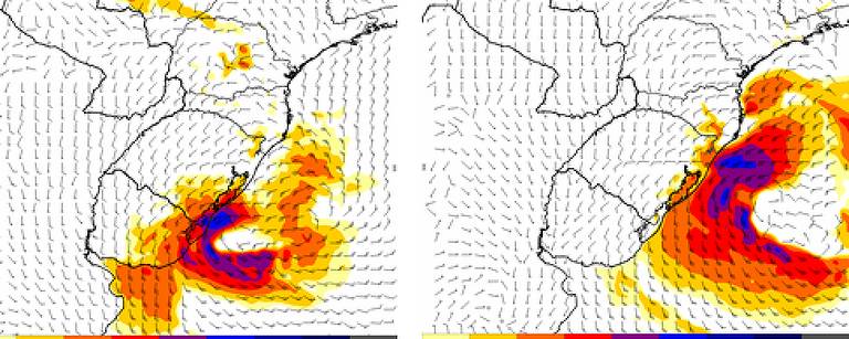 Marcas de onde deverá se formar ciclone extratropical no sul do país