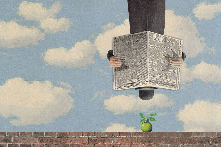 Na colagem digital de Marcelo Martinez: em uma paródia do quadro "The Son of Man", de René Magritte, o personagem da tela está de cabeça para baixo, lendo um jornal. A maçã, que originalmente tapava seu rosto, agora repousa sobre o muro de tijolos.