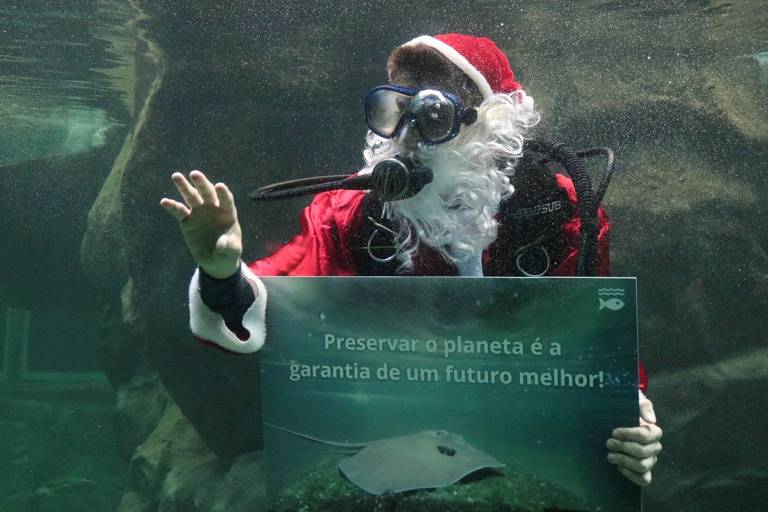 A imagem mostra um homem vestido de Papai Noel dentro de um aquártio