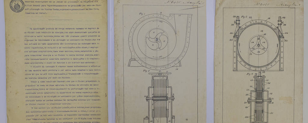 Três documentos estão enfileirados, tratam-se de patentes de Nikola Tesla