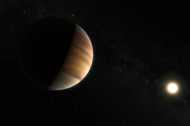 Concepção artística de planeta similar a Júpiter em torno de estrela similar ao Sol