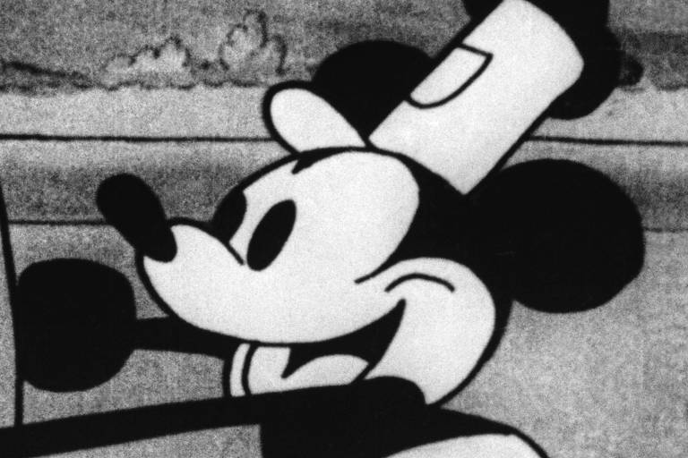 Mickey Mouse em cena do curta "O Vapor Willie", ou "Steamboat Willie", da Disney, de 1928